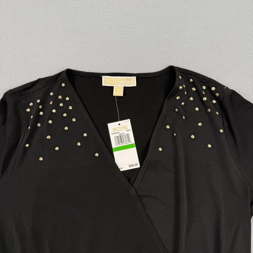 Michael Kors Womens Blouse Size Large Studded‎ V-Neck Top Embellished Banded NWT